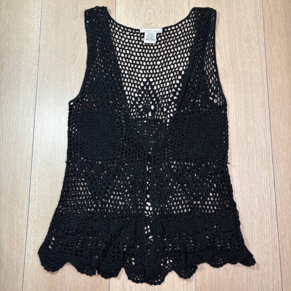 Moa Moa Y2K Black Crochet Vest Sleeveless Cardigan Open Knit Scalloped Hem Large